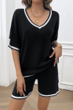 2pcs Loose V-Neck Knitted Tops Shorts Two-Piece Set