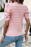 Bubble Sleeved Round Neck Striped Knitwear