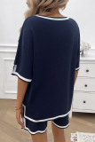2pcs Loose V-Neck Knitted Tops Shorts Two-Piece Set