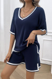 2pcs Loose V-Neck Knitted Tops Shorts Two-Piece Set