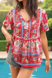 Printed Ruffle Short Sleeve V-Neck Shirts