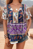 Printed Ruffle Short Sleeve V-Neck Shirts