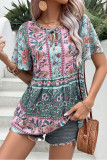 Printed Ruffle Short Sleeve V-Neck Shirts