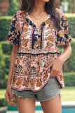 Printed Ruffle Short Sleeve V-Neck Shirts