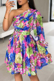 Boho Printed One Shoulder Long Sleeve Dress