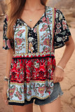 Printed Ruffle Short Sleeve V-Neck Shirts