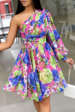 Boho Printed One Shoulder Long Sleeve Dress