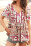 Printed Ruffle Short Sleeve V-Neck Shirts