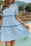 Striped Standing Neck Short Sleeved Dress