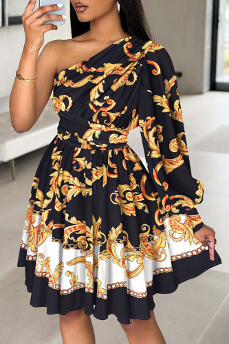 Boho Printed One Shoulder Long Sleeve Dress