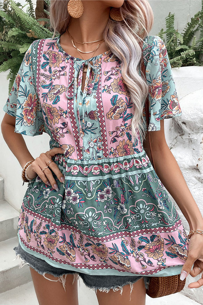 Printed Ruffle Short Sleeve V-Neck Shirts
