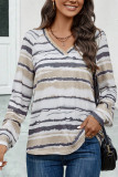 V-Neck Striped Printed Long Sleeve Sweatshirt