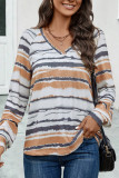 V-Neck Striped Printed Long Sleeve Sweatshirt