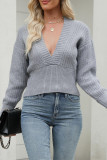 Solid Color Knitted V-Neck Bat Sleeve Sweater