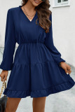 Solid Color V-Neck Strap Long Sleeved Dress