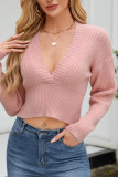 Solid Color Knitted V-Neck Bat Sleeve Sweater