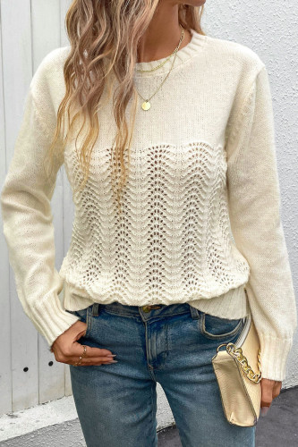 Solid Color Round Neck Long Sleeved Hollow Sweater