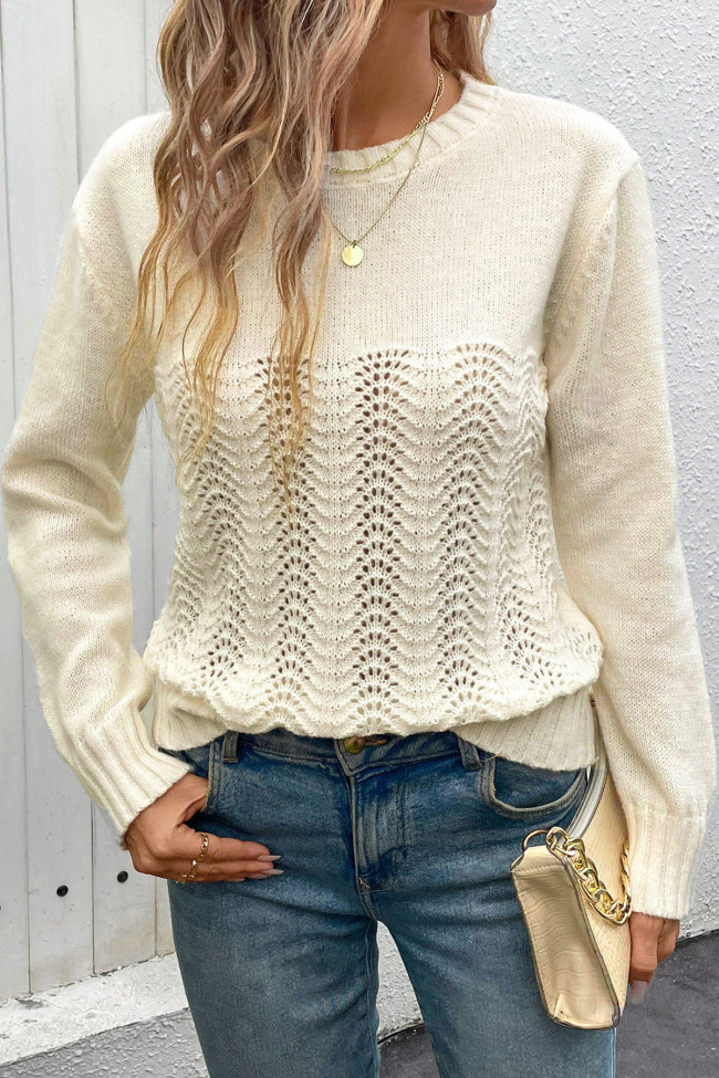 Solid Color Round Neck Long Sleeved Hollow Sweater