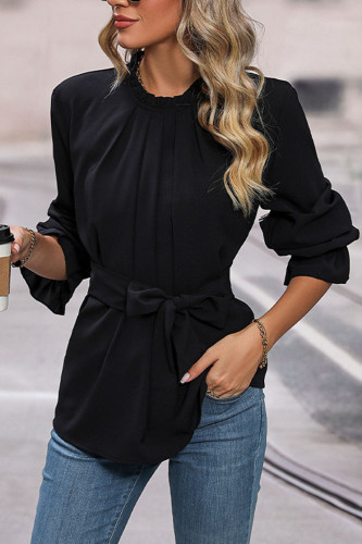 Solid Color Long Sleeved Lace Up Shirt Top