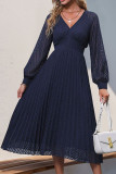 V-Neck Long Sleeved Pleated Dress