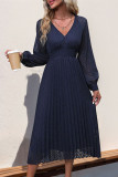 V-Neck Long Sleeved Pleated Dress
