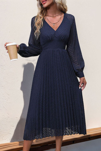 V-Neck Long Sleeved Pleated Dress