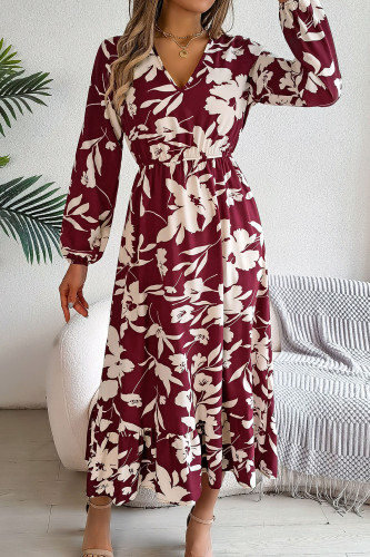 Flower Print Ruffle Long Sleeved Dress