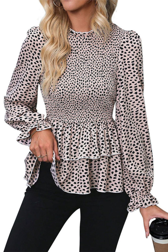 Leopard Print Lotus Leaf Long Sleeved Shirt