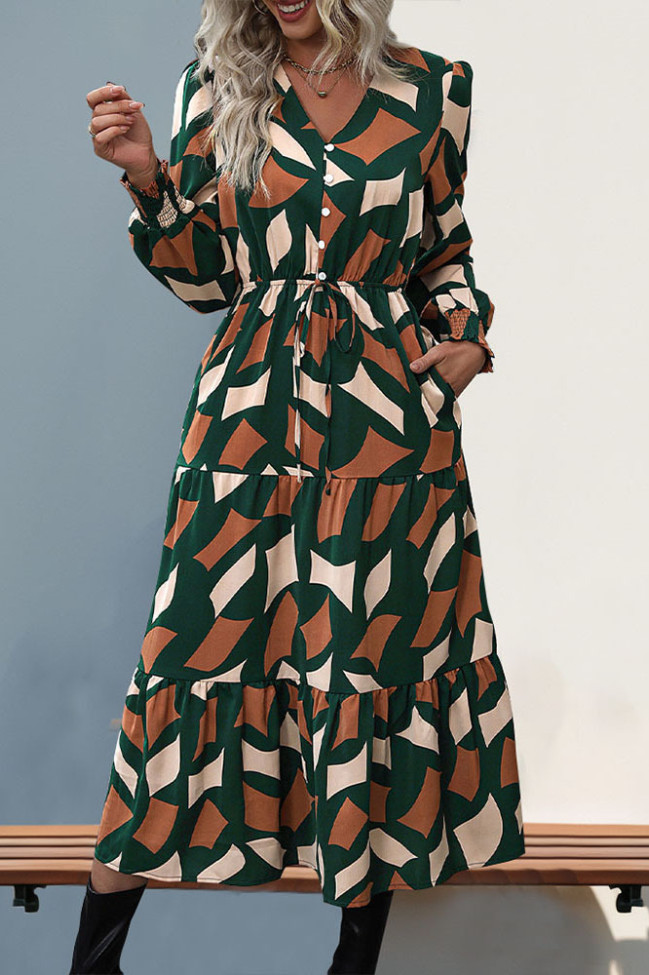 Geometry Versatile V-Neck Long Sleeve Dress