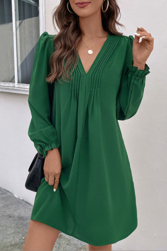 V-Neck Pleated Long Sleeved Dress