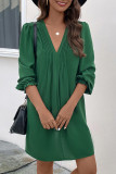 V-Neck Pleated Long Sleeved Dress