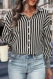Lapel Long Sleeved Black White Striped Shirts