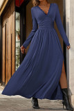 Solid Color Lace V-Neck Slit Slim Fit Dress