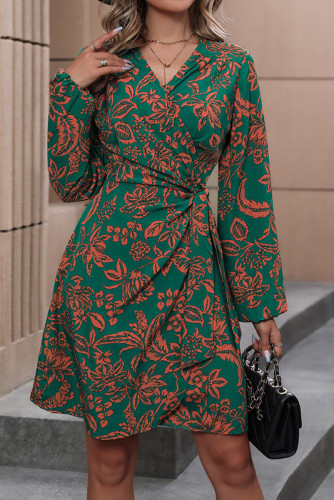 V-Neck Long Sleeved Printed Dress