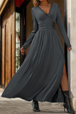 Solid Color Lace V-Neck Slit Slim Fit Dress