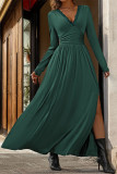 Solid Color Lace V-Neck Slit Slim Fit Dress