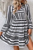 V-Neck Long Sleeved Striped Printed Dress