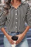 Lapel Long Sleeved Black White Striped Shirts