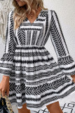 V-Neck Long Sleeved Striped Printed Dress