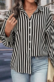 Lapel Long Sleeved Black White Striped Shirts