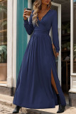 Solid Color Lace V-Neck Slit Slim Fit Dress