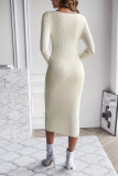 Solid Color V-Neck Knitted Long Sleeved Dress