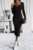 Solid Color V-Neck Knitted Long Sleeved Dress