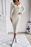 Solid Color V-Neck Knitted Long Sleeved Dress