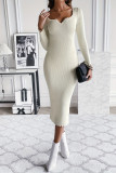 Solid Color V-Neck Knitted Long Sleeved Dress