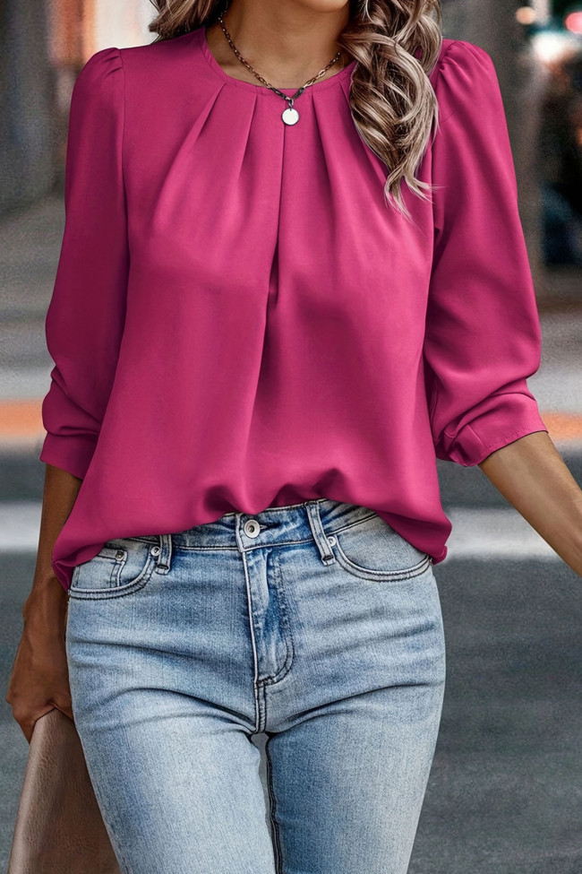 Round Neck Pleated Long Sleeved Shirts