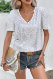 Sequin V-Neck Short Sleeved Loose T-Shirt