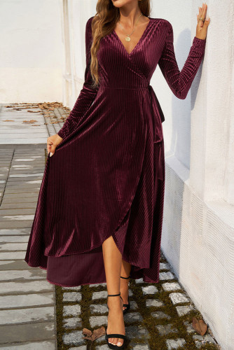 V-Neck High Waisted Solid Color Slit Dress