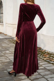 V-Neck High Waisted Solid Color Slit Dress