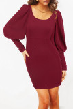 Round Neck Lantern Long Sleeve Knitted Dress